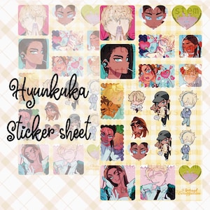 May include: A sticker sheet with various anime-style illustrations. The sheet features images of people, hearts, and other designs in a variety of colors. The text "Hyunkuka Sticker sheet" is written in a cursive font.