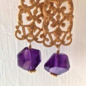 Gold drop earrings Chandelier earrings Filigree earrings Amethyst jewelry Dangle earrings Purple amethyst gemstone jewelry BROCADE image 2