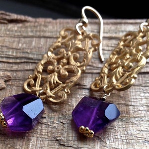 Gold drop earrings Chandelier earrings Filigree earrings Amethyst jewelry Dangle earrings Purple amethyst gemstone jewelry BROCADE image 1