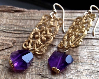 Gold drop earrings Chandelier earrings Filigree earrings Amethyst jewelry Dangle earrings Purple amethyst gemstone jewelry BROCADE