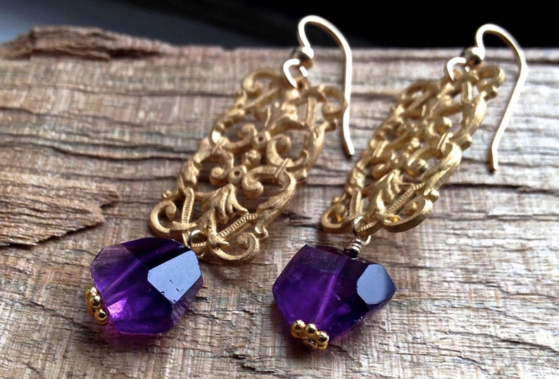 Gold drop earrings Chandelier earrings Filigree earrings Amethyst jewelry Dangle earrings Purple amethyst gemstone jewelry BROCADE image 1