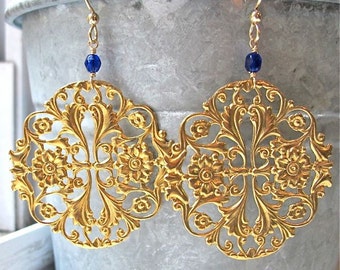 Gold chandelier earrings with vintage cobalt crystals. COBALT