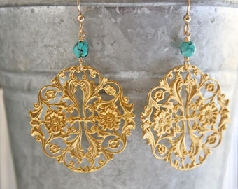 Gold earrings Dangle earrings Gold chandelier earrings Drop earrings  Vintage filigree jewelry Turquoise jewelry Gold Turquoise DAYBREAK