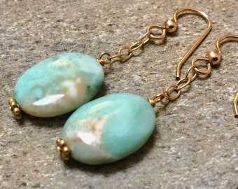 Peruvian opal earrings Drop earrings Gold earrings Green Peruvian opals Gold chain and gemstone earrings