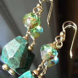 Teal Czech Glass Drop Earrings: Aurora Borealis, 14K Gold Filled