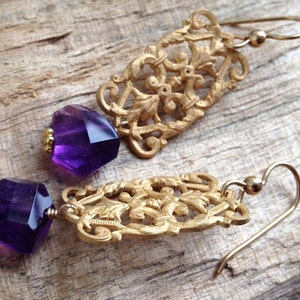 Gold drop earrings Chandelier earrings Filigree earrings Amethyst jewelry Dangle earrings Purple amethyst gemstone jewelry BROCADE image 4