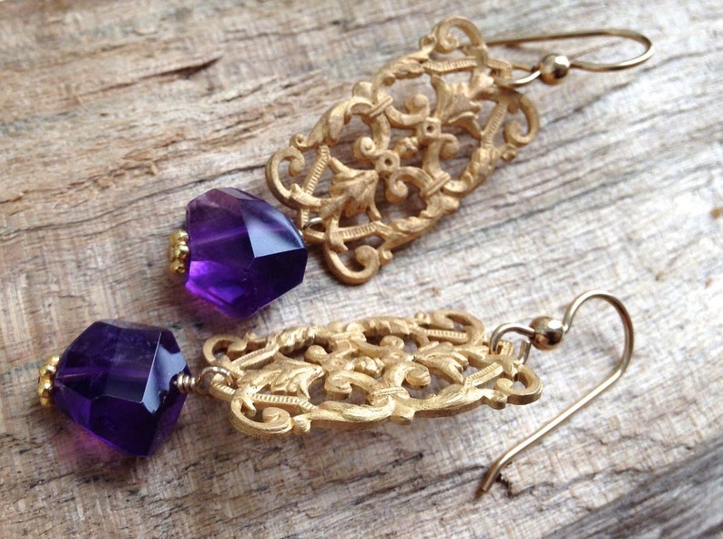 Gold drop earrings Chandelier earrings Filigree earrings Amethyst jewelry Dangle earrings Purple amethyst gemstone jewelry BROCADE image 4