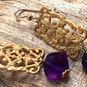 Gold drop earrings Chandelier earrings Filigree earrings Amethyst jewelry Dangle earrings Purple amethyst gemstone jewelry BROCADE image 5