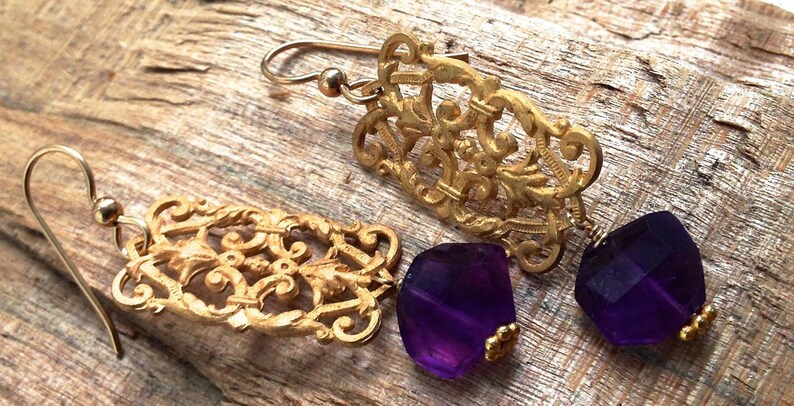 Gold drop earrings Chandelier earrings Filigree earrings Amethyst jewelry Dangle earrings Purple amethyst gemstone jewelry BROCADE image 5