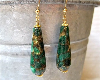 Gold green drop earrings. Mosaic quartz jewelry Drop earrings Dangle earrings Holiday jewelry FIR