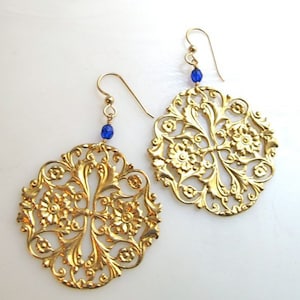 Gold chandelier earrings with vintage cobalt crystals. COBALT
