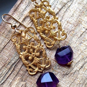 Gold drop earrings Chandelier earrings Filigree earrings Amethyst jewelry Dangle earrings Purple amethyst gemstone jewelry BROCADE image 3