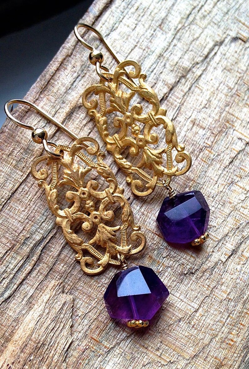 Gold drop earrings Chandelier earrings Filigree earrings Amethyst jewelry Dangle earrings Purple amethyst gemstone jewelry BROCADE image 3