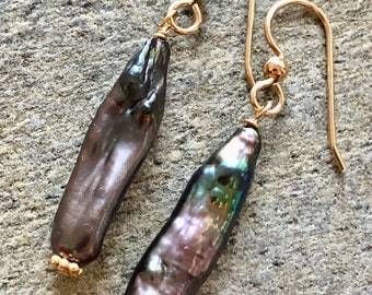 Drop earrings Pearl earrings Fresh water pearls Green pearls Purple pearls Aurora Borealis Gold earrings