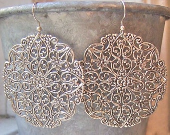 Big Silver Earrings Chandelier Earrings Vintage Filigree Jewelry Statement Earrings LACE