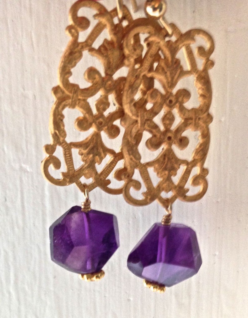 Gold drop earrings Chandelier earrings Filigree earrings Amethyst jewelry Dangle earrings Purple amethyst gemstone jewelry BROCADE image 2