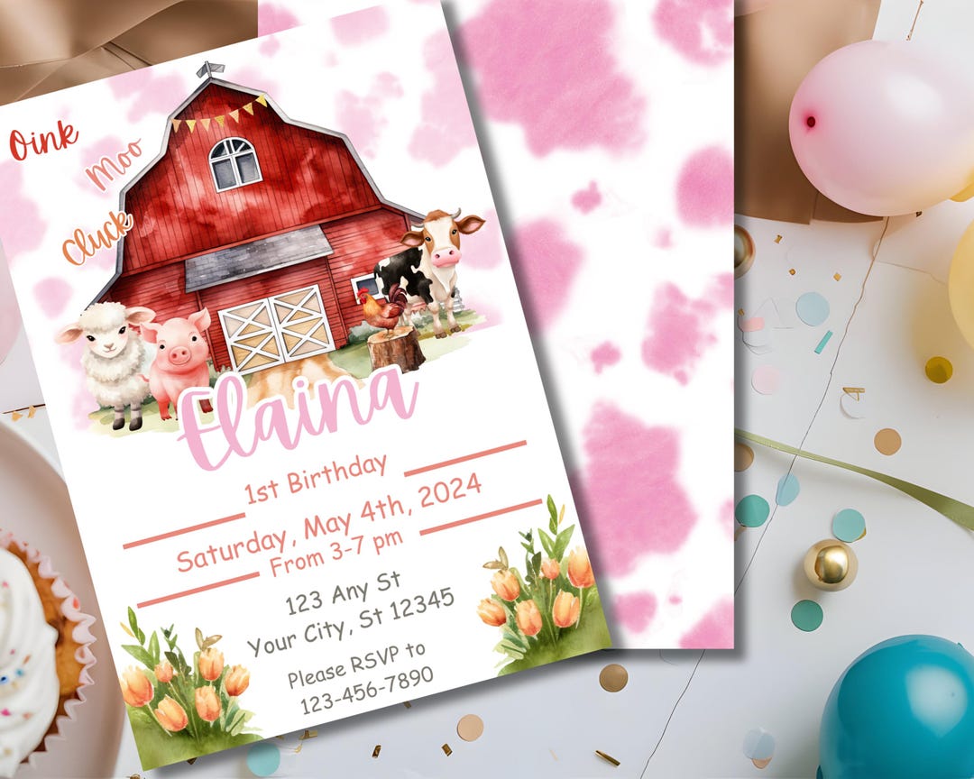 Editable Farm Animals Girl Birthday Invitation Pink Barn Theme Farmyard ...