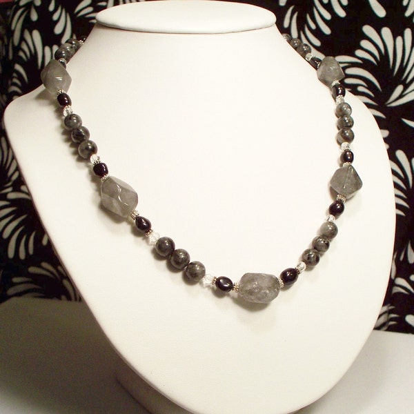 Grey Quartz, Black Freshwater Pearls, Labradorite and Crystal Quartz necklace