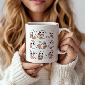 Cute Ghost Reading Mug - Halloween Coffee Cup, Spooky Book Lover Gift, Adorable Fall Mug for Readers