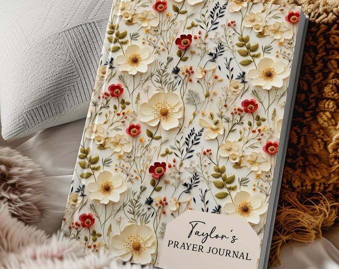Personalized prayer journal for women, Custom faith journal with name, Wildflower floral cover, Christian gift, Hardcover lined notebook