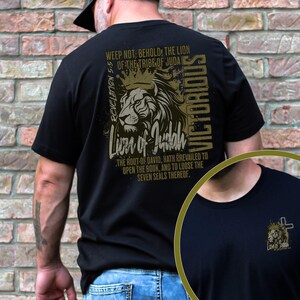 May include: Black t-shirt with a gold lion graphic and the text "Weep not: Behold, the Lion of the Tribe of Juda (Revelation 5:5)" and "Lion of Judah" and "Victorious".