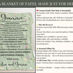 May include: A light green blanket with floral patterns and the word "Grammie" in elegant script. The blanket features a heartfelt message about faith and love, with the names "Olive and Jemma" at the bottom.