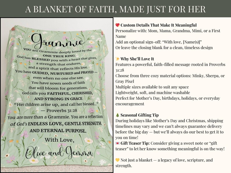 May include: A light green blanket with floral patterns and the word "Grammie" in elegant script. The blanket features a heartfelt message about faith and love, with the names "Olive and Jemma" at the bottom.