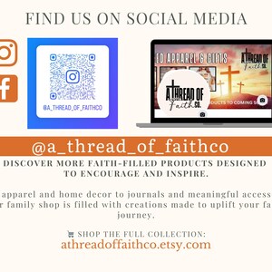 Op de afbeelding: Een social media-afbeelding met een blauwe achtergrond en een QR-code. De tekst "FIND US ON SOCIAL MEDIA" staat bovenaan de afbeelding. De tekst "@a_thread_of_faithco" staat onderaan de afbeelding. De tekst "DISCOVER MORE FAITH-FILLED PRODUCTS DESIGNED TO ENCOURAGE AND INSPIRE." staat onder de tekst "@a_thread_of_faithco". De tekst "From apparel and home decor to journals and meaningful accessories, our family shop is filled with creations made to uplift your faith journey." staat onder de tekst "DISCOVER MORE FAITH-FILLED PRODUCTS DESIGNED TO ENCOURAGE AND INSPIRE.". De tekst "SHOP THE FULL COLLECTION: athreadoffaithco.etsy.com" staat onderaan de afbeelding.