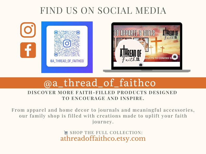 Op de afbeelding: Een social media-afbeelding met een blauwe achtergrond en een QR-code. De tekst "FIND US ON SOCIAL MEDIA" staat bovenaan de afbeelding. De tekst "@a_thread_of_faithco" staat onderaan de afbeelding. De tekst "DISCOVER MORE FAITH-FILLED PRODUCTS DESIGNED TO ENCOURAGE AND INSPIRE." staat onder de tekst "@a_thread_of_faithco". De tekst "From apparel and home decor to journals and meaningful accessories, our family shop is filled with creations made to uplift your faith journey." staat onder de tekst "DISCOVER MORE FAITH-FILLED PRODUCTS DESIGNED TO ENCOURAGE AND INSPIRE.". De tekst "SHOP THE FULL COLLECTION: athreadoffaithco.etsy.com" staat onderaan de afbeelding.