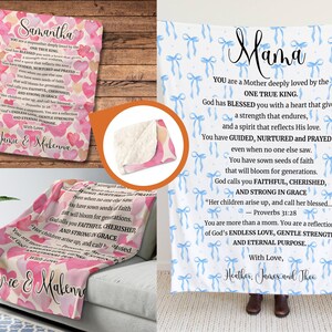May include: Pink and white throw blanket with a heart pattern and text. The blanket features the name "Samantha" and a personalized message. The blanket is displayed on a couch. The blanket is a cozy home decor item.