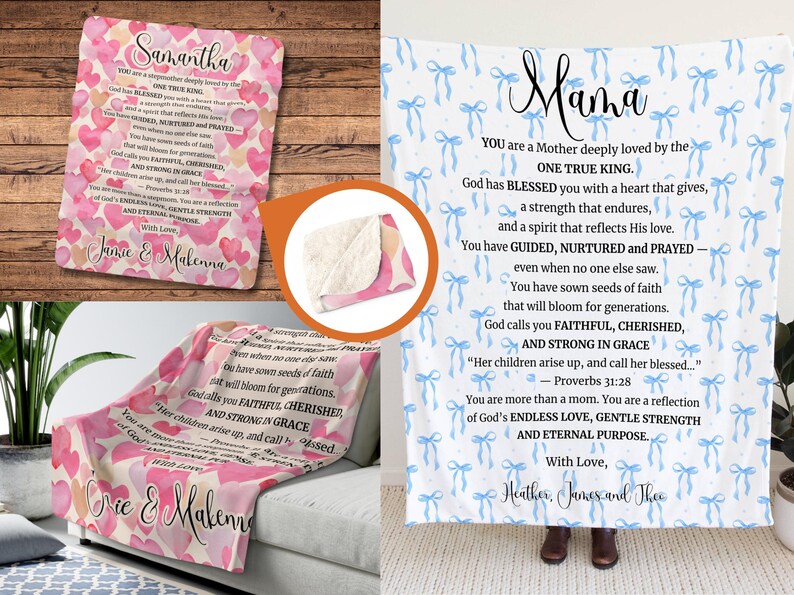 May include: Pink and white throw blanket with a heart pattern and text. The blanket features the name "Samantha" and a personalized message. The blanket is displayed on a couch. The blanket is a cozy home decor item.