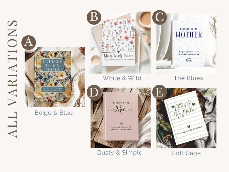 May include: A collection of journals with floral and solid covers. The journals are titled "Letters to My Mama" and "Letters to My Mother." The color schemes include beige, blue, white, pink, and sage green. The journals are a keepsake of love, gratitude, and memories.