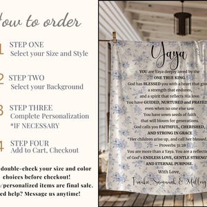 May include: A personalized floral blanket with the name "Yaya" in elegant script. The blanket features a blue floral pattern and a heartfelt message. Instructions on how to order are on the left.