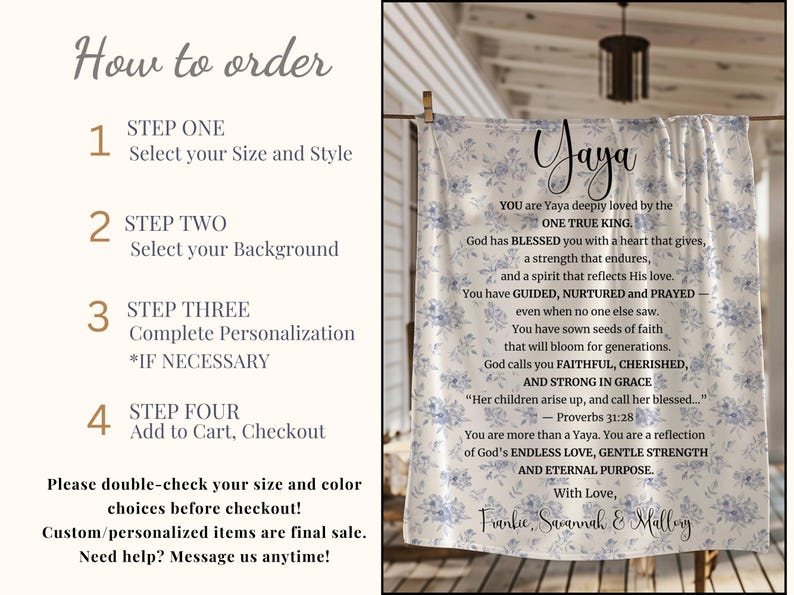 May include: A personalized floral blanket with the name "Yaya" in elegant script. The blanket features a blue floral pattern and a heartfelt message. Instructions on how to order are on the left.