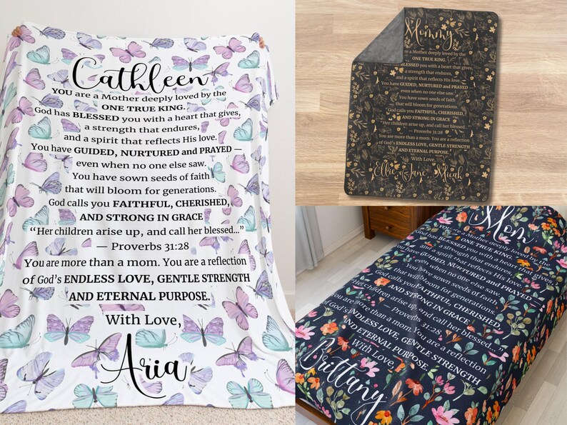 May include: Blanket with a butterfly pattern and personalized text. The text includes a name, a message about motherhood, and a Bible verse. The blanket is white with pastel butterflies.