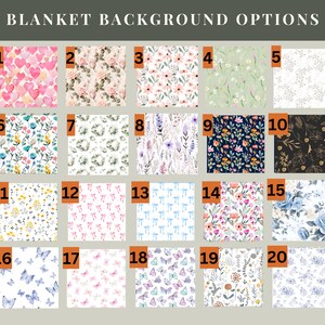 May include: A grid of 20 blanket background options. The options include various floral, heart, bow, and butterfly patterns in colors like pink, blue, and white. The text "BLANKET BACKGROUND OPTIONS" is at the top.