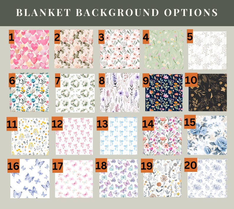 May include: A grid of 20 blanket background options. The options include various floral, heart, bow, and butterfly patterns in colors like pink, blue, and white. The text "BLANKET BACKGROUND OPTIONS" is at the top.