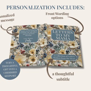 May include: Open book with floral pattern and the text "LETTERS TO MY MAMA". Includes a personalized back message and front wording options. The book is a collection of letters written from the heart, a thoughtful gift.