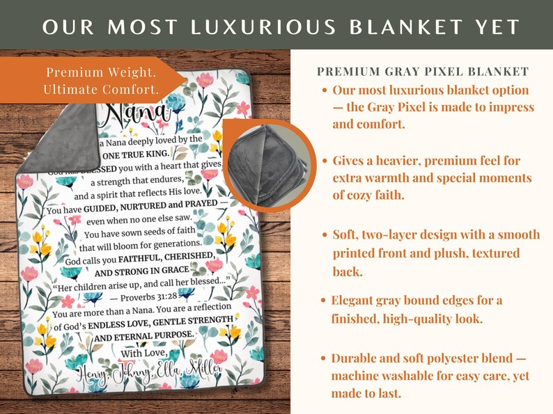 May include: A luxurious blanket with a floral design and the word "Nana" in script. The blanket features a soft, gray plush back and a printed front with flowers and inspirational text. The blanket is made of a durable polyester blend.