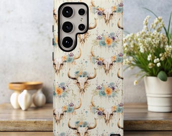 Boho Western Skull Phone Case, Rustic Floral Cowgirl Cover Gift for Her, iPhone 15 14 13, Samsung Galaxy S24 S23 Ultra, Google Pixel 8 7 6