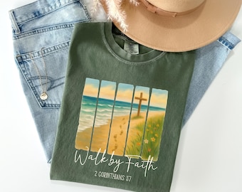 Walk by Faith Christian Shirt for Women, Comfort Colors Bible Verse Tee with Cross, Scripture T-Shirt, Faith-Based Gift, Inspirational Tops