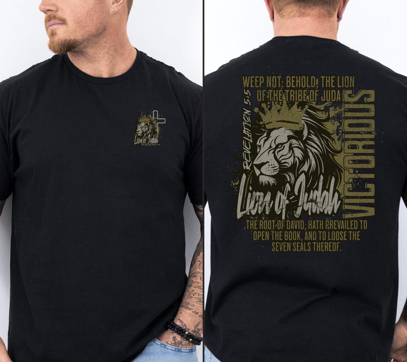 May include: Black t-shirt featuring a lion graphic and the text "Weep not: Behold, the Lion of the Tribe of Juda" and "Revelation 5:5" on the back. The front of the shirt has a smaller lion graphic with a cross.