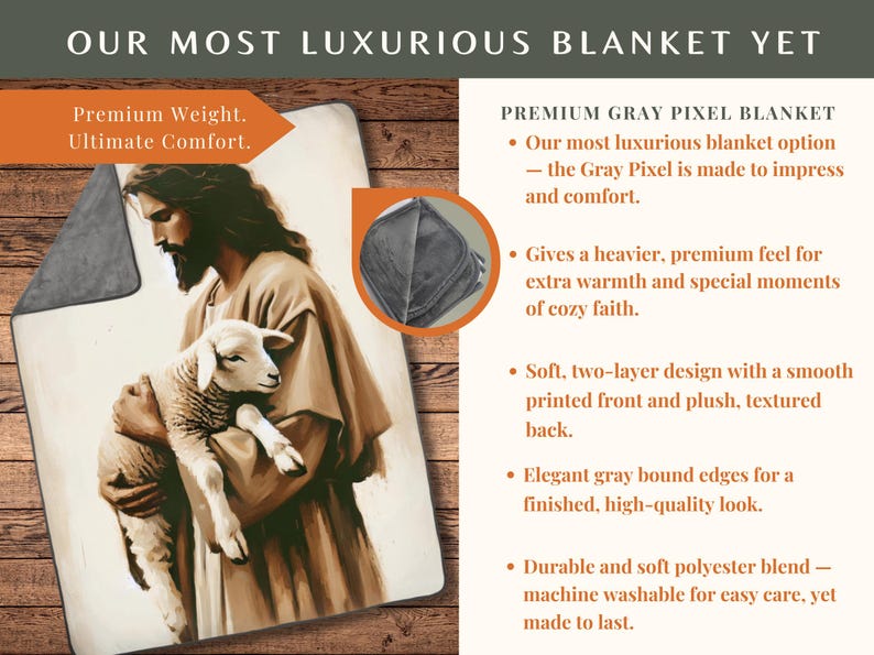 Op de afbeelding: Een zachte, grijze deken met een bedrukt beeld van een man die een lam vasthoudt. De deken wordt beschreven als "Premium Gray Pixel Blanket" en heeft een "premium gevoel voor extra warmte".