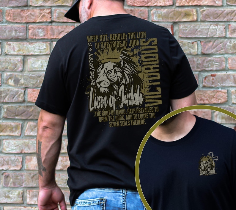May include: Black t-shirt with a gold lion graphic and the text "Weep not: Behold, the Lion of the Tribe of Juda (Revelation 5:5)" and "Lion of Judah" and "Victorious".