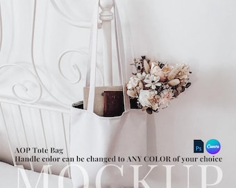 AOP Tote Bag Mockup drag and drop tote bag change handle color canva template PSD smart object tote bag mockup digital overlay tote bag AOP