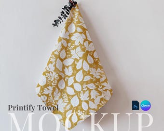 Printify hang towel mockup scandi drag and drop kitchen wall towel canva template natural linen PSD smart object tea towel AOP digital towel
