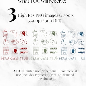 May include: Three high-resolution PNG images of breakfast club illustrations in red, green, and blue. Each image features a variety of breakfast foods, including cereal, milk, eggs, bacon, croissants, and pancakes. The text "BREAKFAST CLUB" is included in each image.
