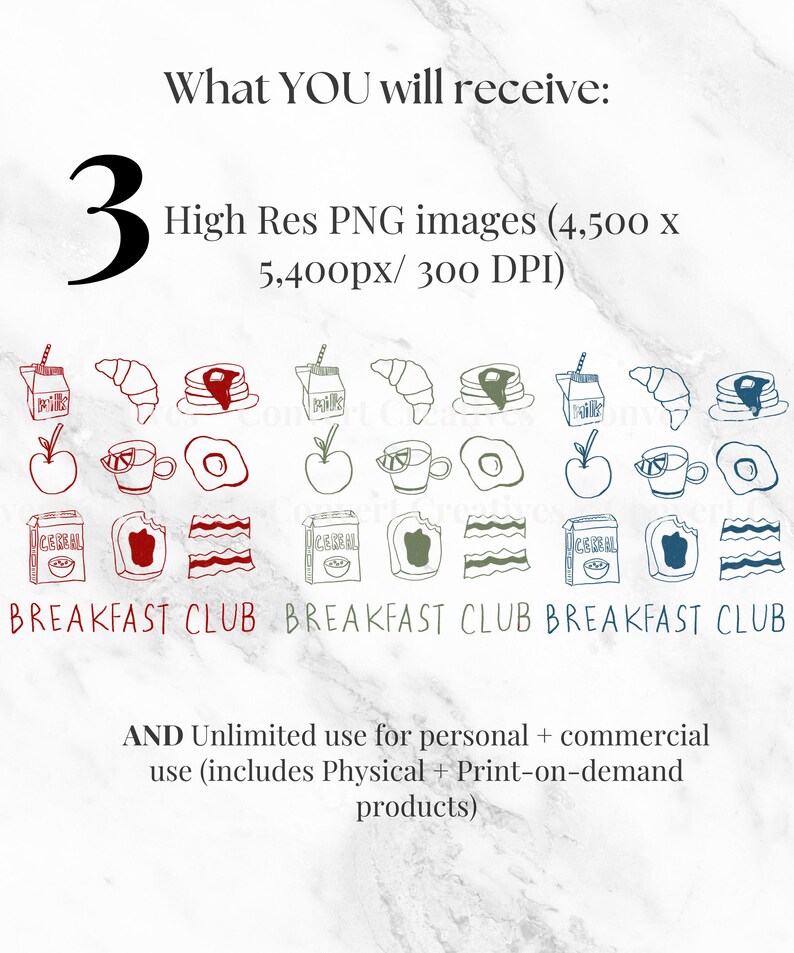 May include: Three high-resolution PNG images of breakfast club illustrations in red, green, and blue. Each image features a variety of breakfast foods, including cereal, milk, eggs, bacon, croissants, and pancakes. The text "BREAKFAST CLUB" is included in each image.