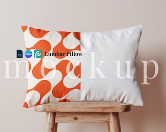 Lumbaal kussenmodel PSD lang kussen op kruk minimaal lendekussen Canva trendy lang kussen slepend lumbale stoelkussen beige muur PSD