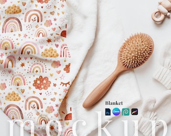 Flatlay Minky filt mockup boho baby Minky filt canva vit swaddle filt Procreate sammetsfilt flatlay barnrumsfilt PSD
